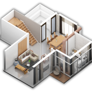 3D floor plan of a modern apartment interior with stairs, bedroom, living room, and glass-walled rooms