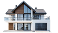 Modern two-story house exterior with white walls, dark roof, large windows, and a garage