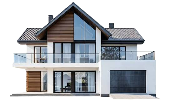 Modern two-story house exterior with white walls, dark roof, large windows, and a garage