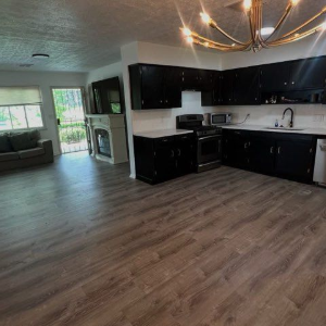 Open-plan kitchen and living room with dark cabinets, wood floors, and sliding glass doors.