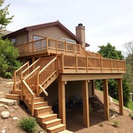 Wooden house deck with stairs and railings on a sloped hillside, with a shaded area below