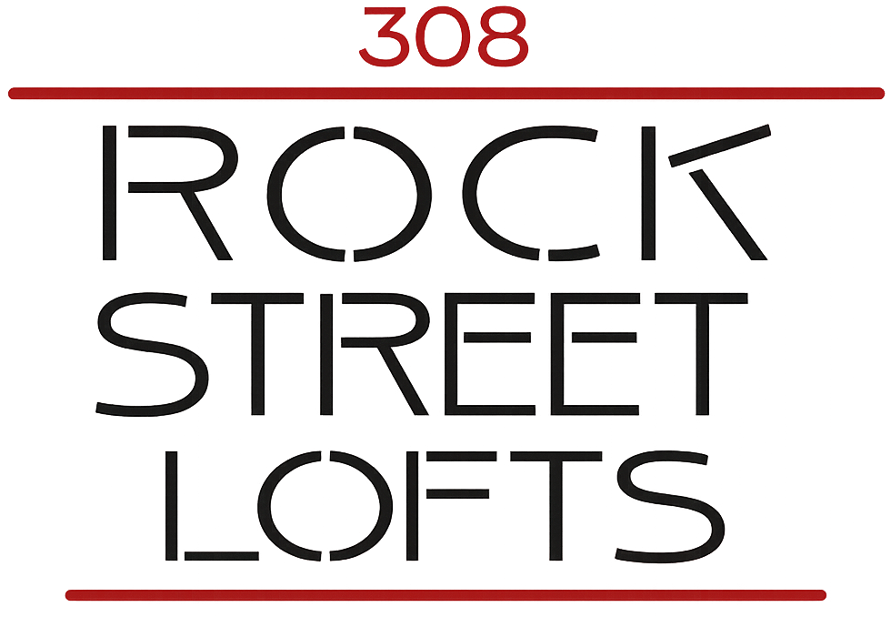 Rock Street Lofts logo. Red building outline with white square windows. Text: Rock Street Lofts, and number 308.
