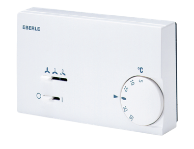 Weißer EBERLE-Thermostat mit Drehknopf und Temperaturmarkierungen auf einem wandmontierten Bedienfeld