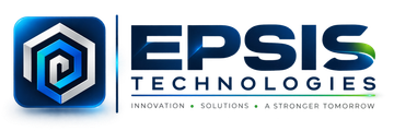 A blue and white logo for epsis technologies innovation solutions