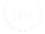 A white logo with a laurel wreath around it on a white background.