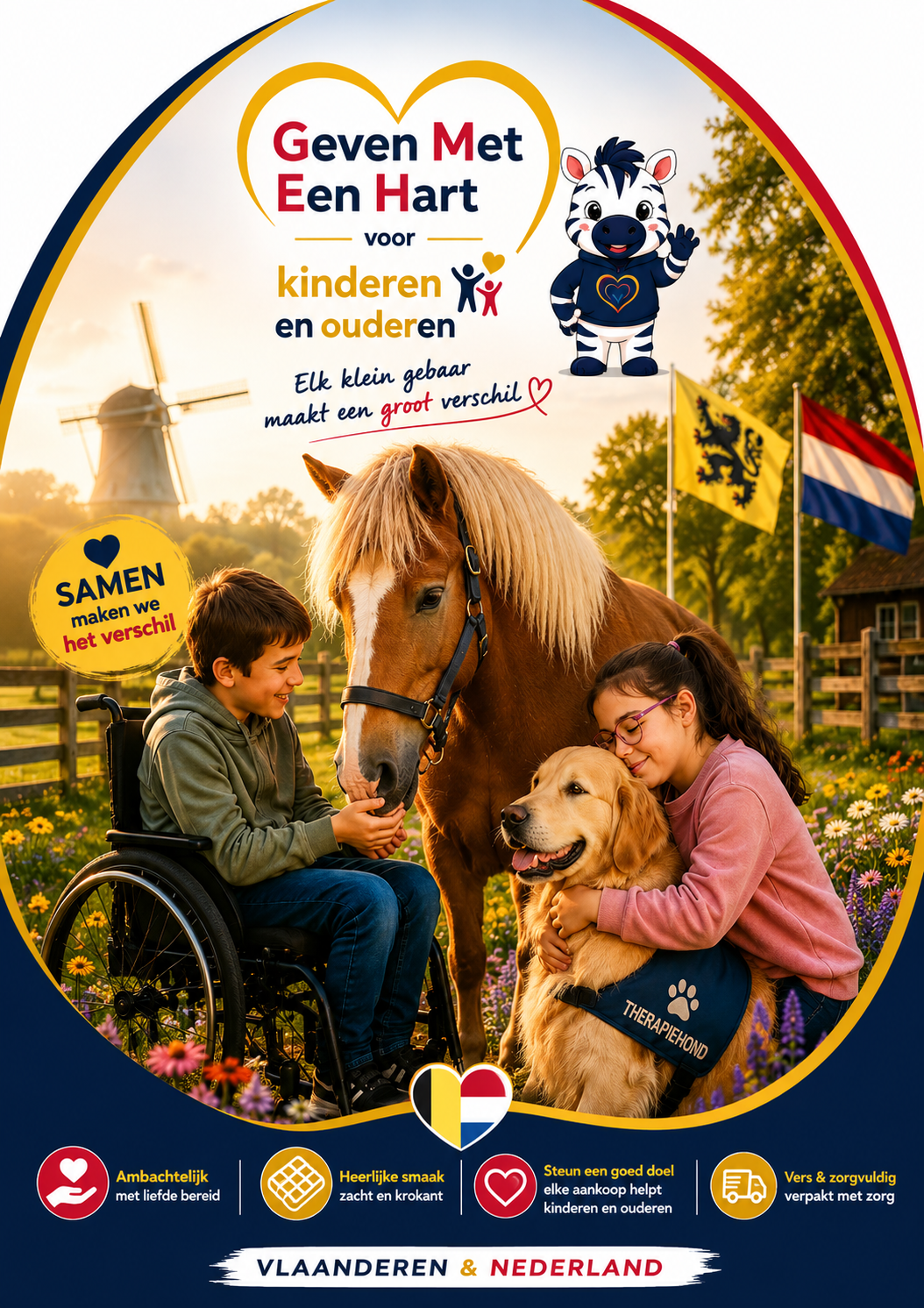 Een kind met een kaal hoofd, lachend, rijdend op een blauwe driewieler, ondersteund door een persoon in een wit uniform in een felgekleurde kamer.