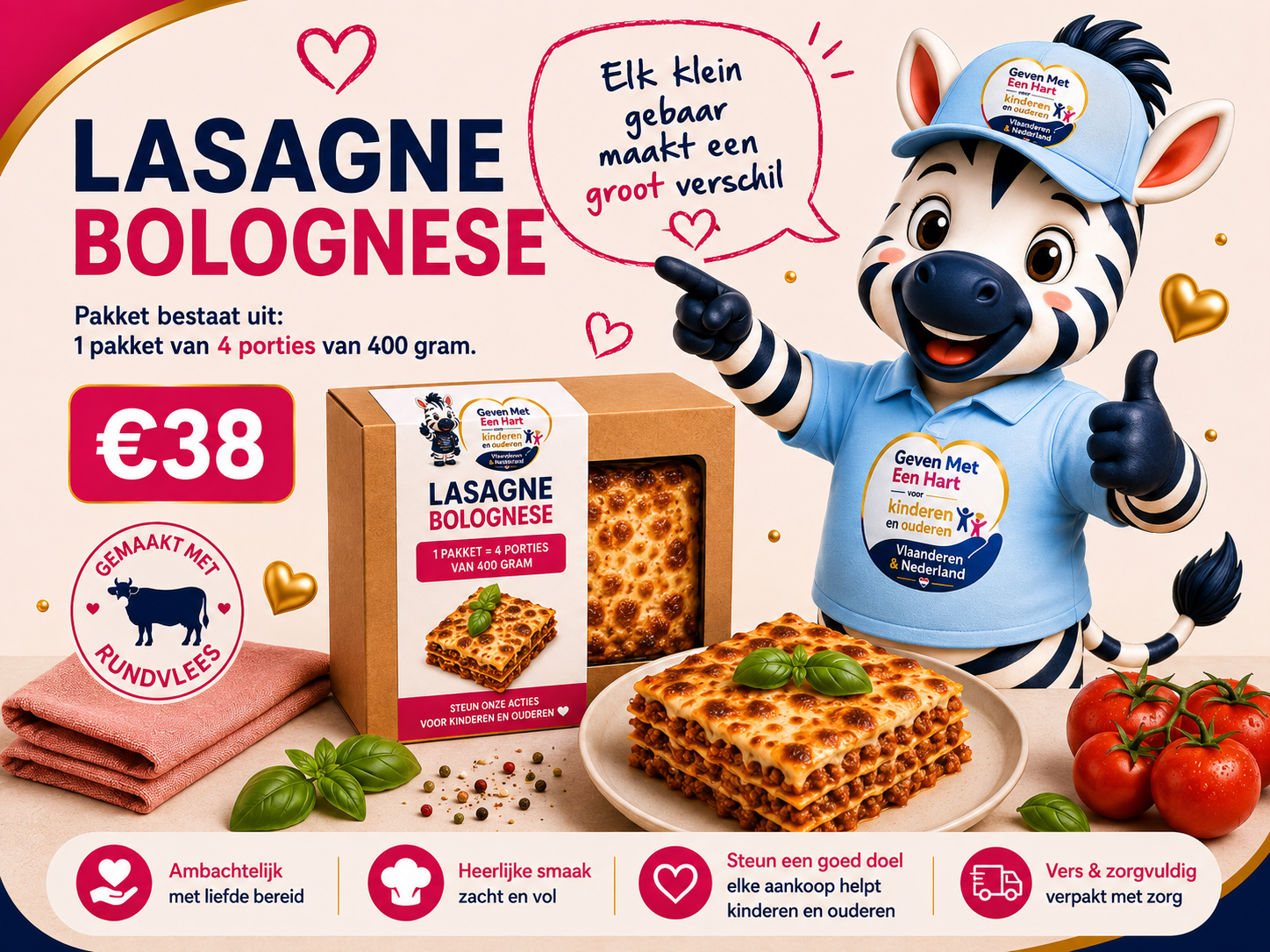 Een lasagnepunt met een goudbruine bovenkant, lagen vlees en kaas, gegarneerd met basilicumblaadjes.