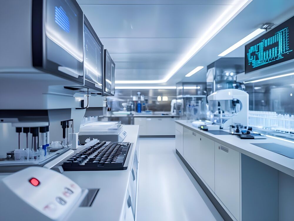 A laboratory with a lot of equipment and a keyboard on the counter