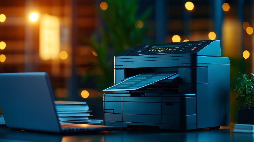 A printer is sitting on a desk next to a laptop.
