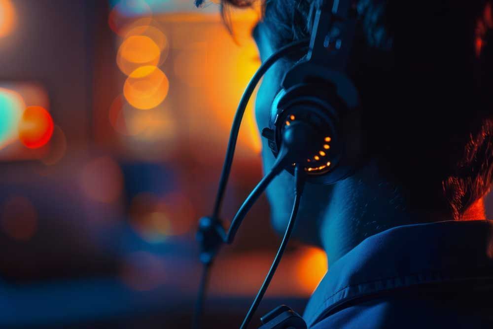 A man wearing a headset is looking at a computer screen.