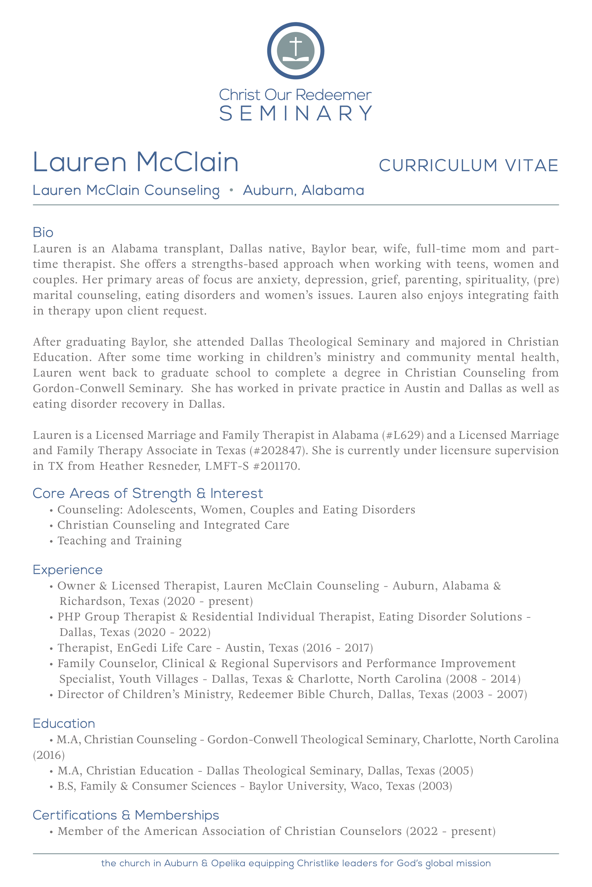 Letterhead for Lauren McClain at the Center for Counseling, with professional details listed.