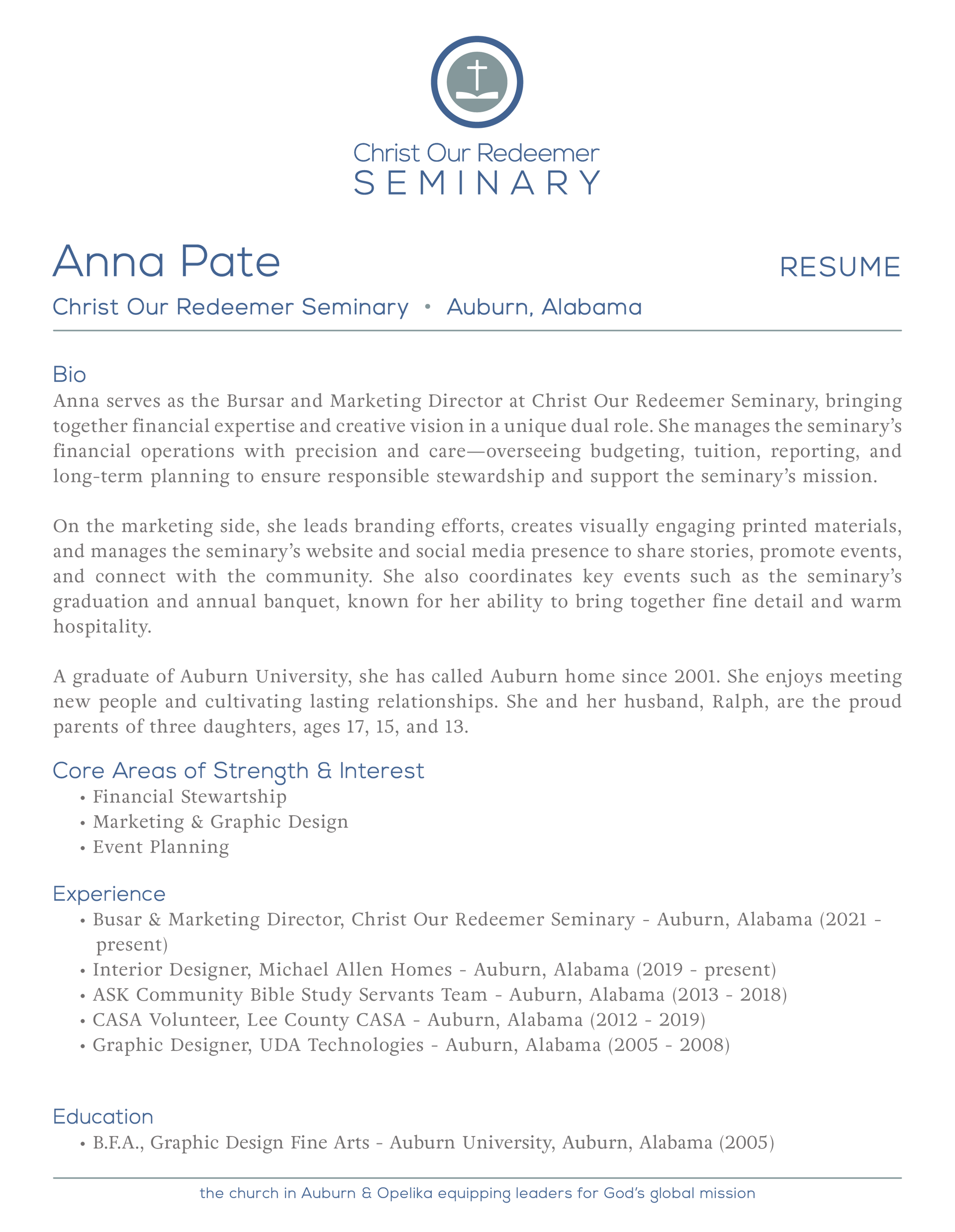 Document with text about Anna Pale and her experience, featuring a logo and contact information.