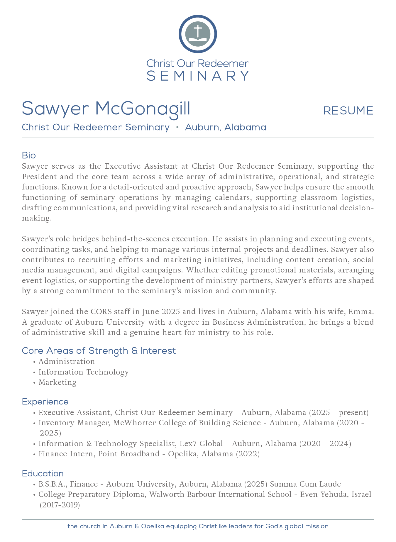 Resume for Sawyer McGonagill, Christ Our Redeemer Seminary, Auburn, Alabama.