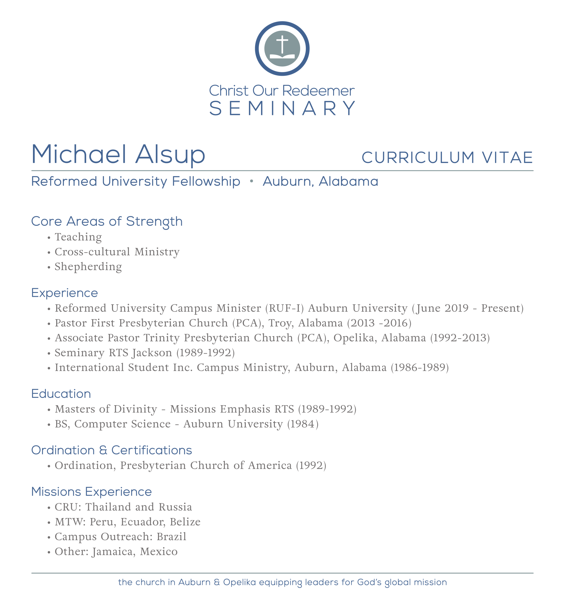 Curriculum Vitae for Michael Alsup, focusing on advanced analytics and information.