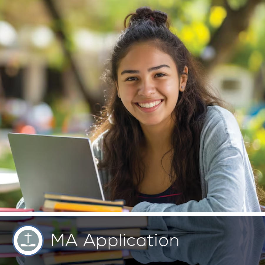 Smiling woman with a laptop, books, and “MA Application” text, outdoors.