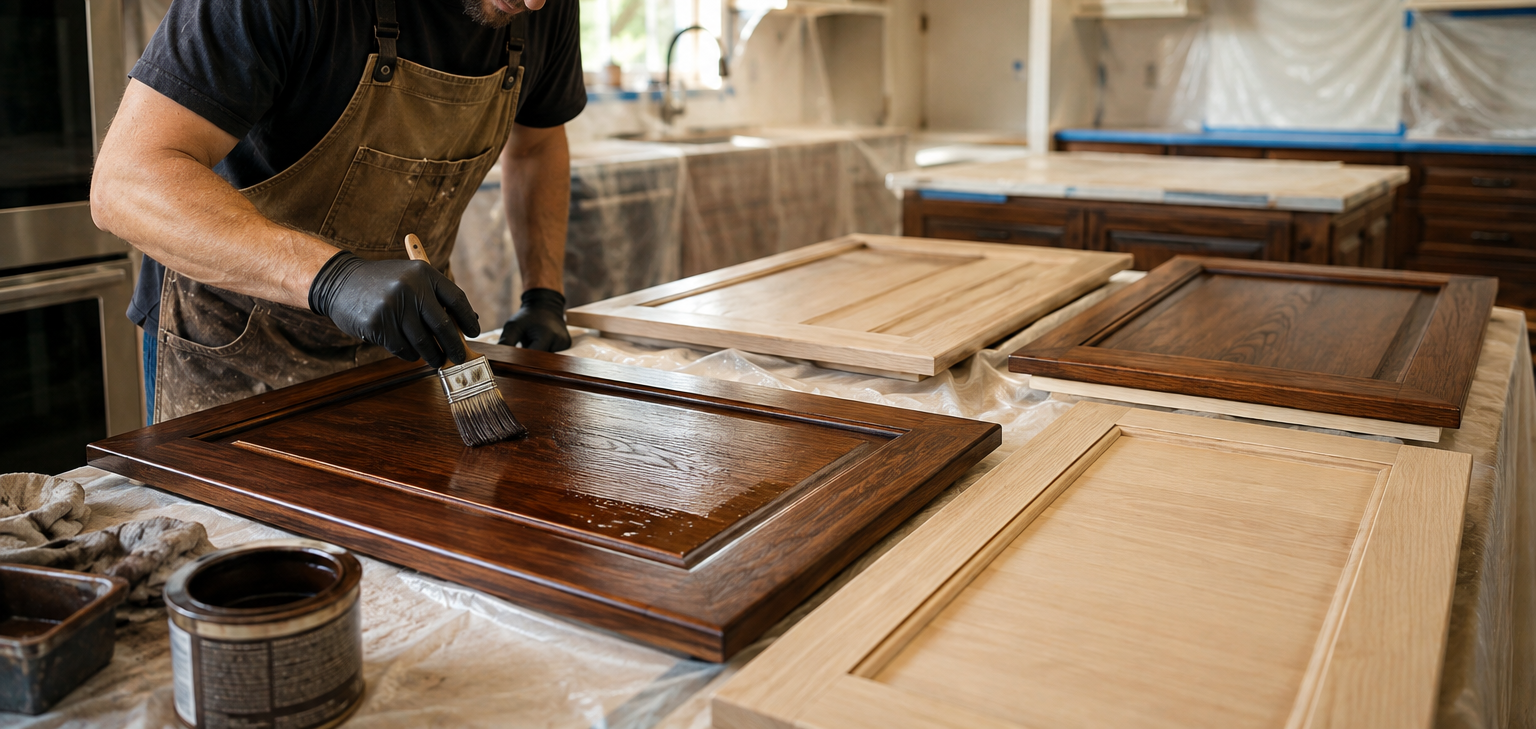 Carpenter marking a wooden plank with a pencil in a workshop