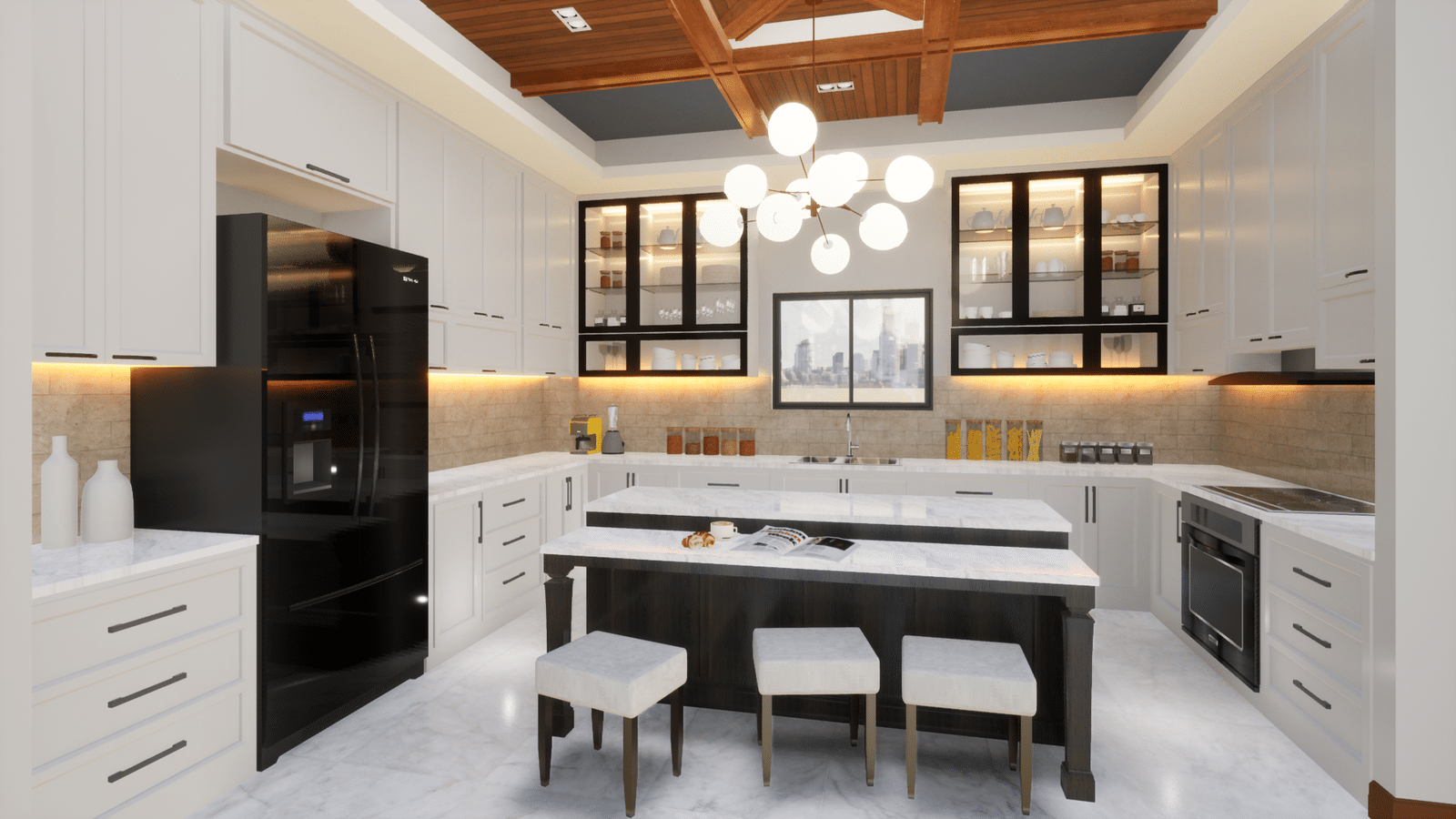 Modern white kitchen with black accents, island seating, pendant lights, and wood-beamed ceiling