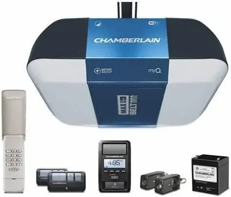 Chamberlain garage door opener kit with remote controls and accessories on white background
