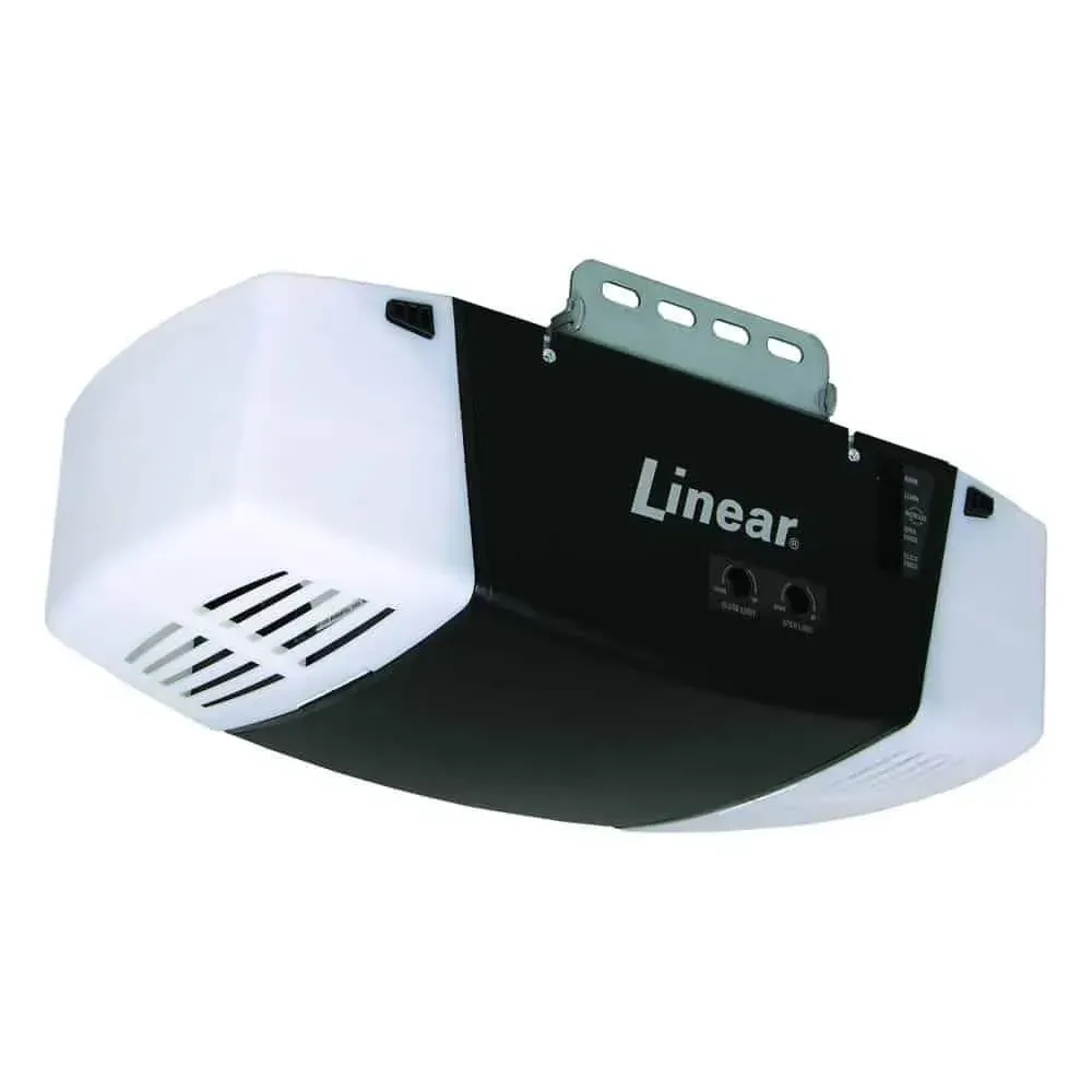 White and black Linear garage door opener with mounting bracket on a white background