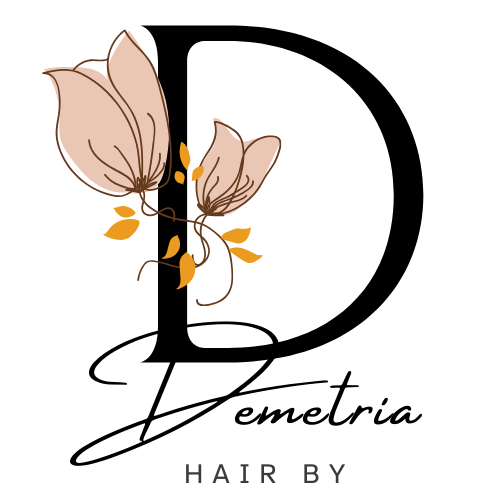 Logo for Hair by Demetria has a her name hand written over a pink DW for Demetria White.