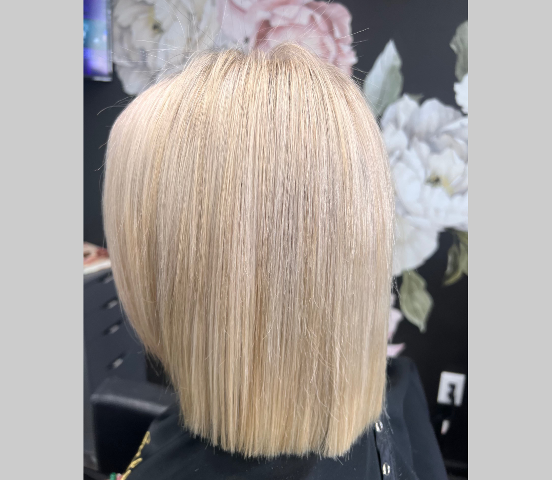 After picture of a woman with thick blond hair.