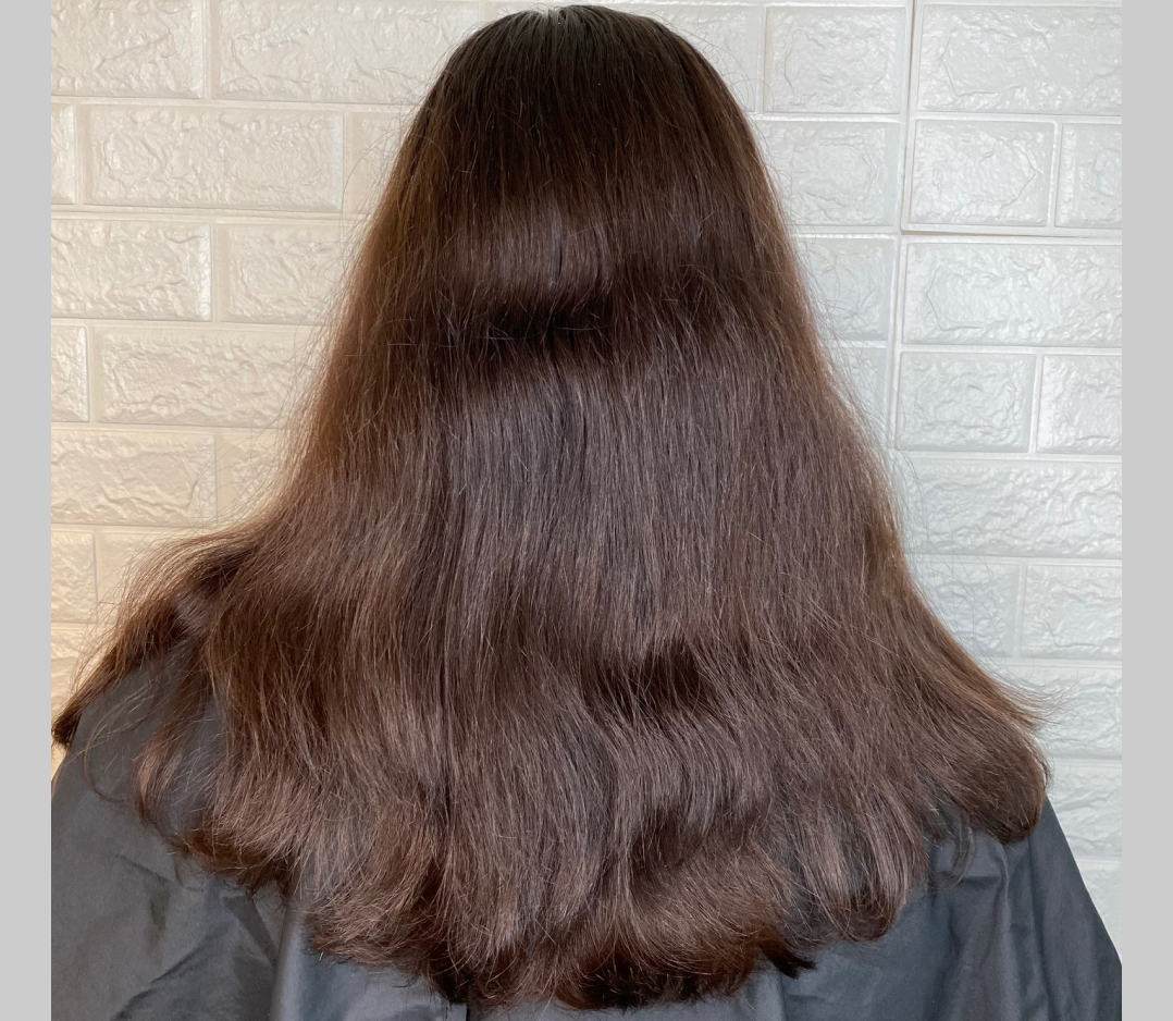 Woman's hair before coloring and it is a flat brown color.
