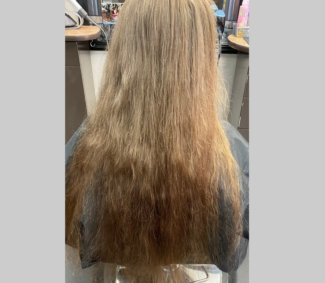 long stringy brown hair with overgrown highlights.