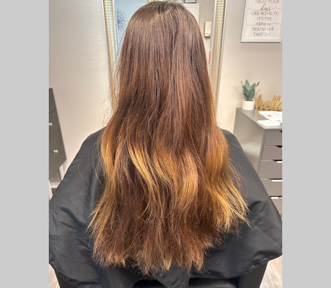 Before picture of a woman with long stringy brown hair with bad highlights.