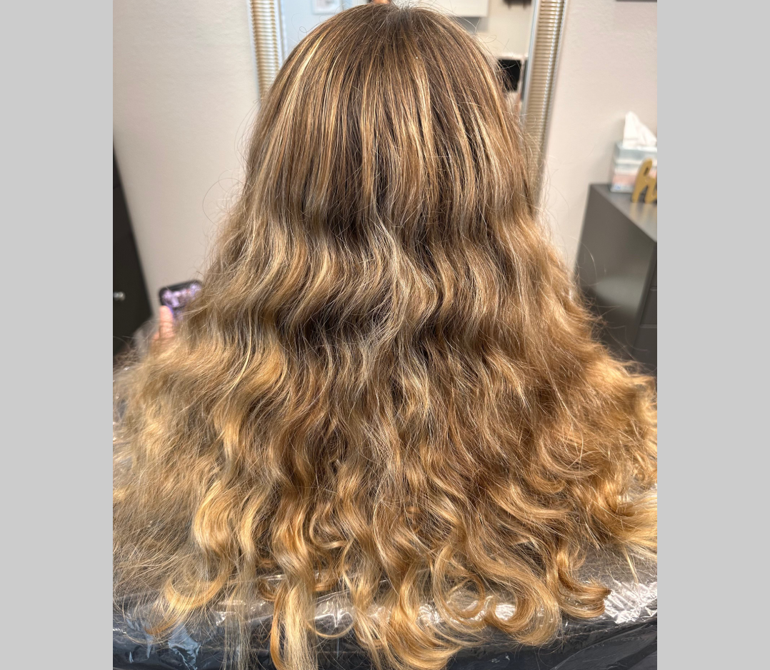 Before picture of hair and the hair is long and wavy with lots of highlights.