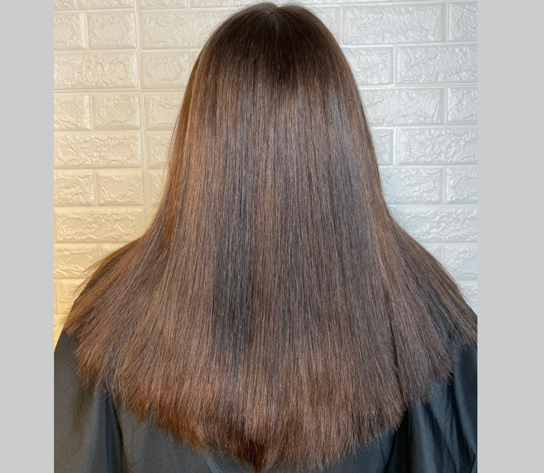 After picture of a woman's hair that is a rich dark brown with subtle highlights.