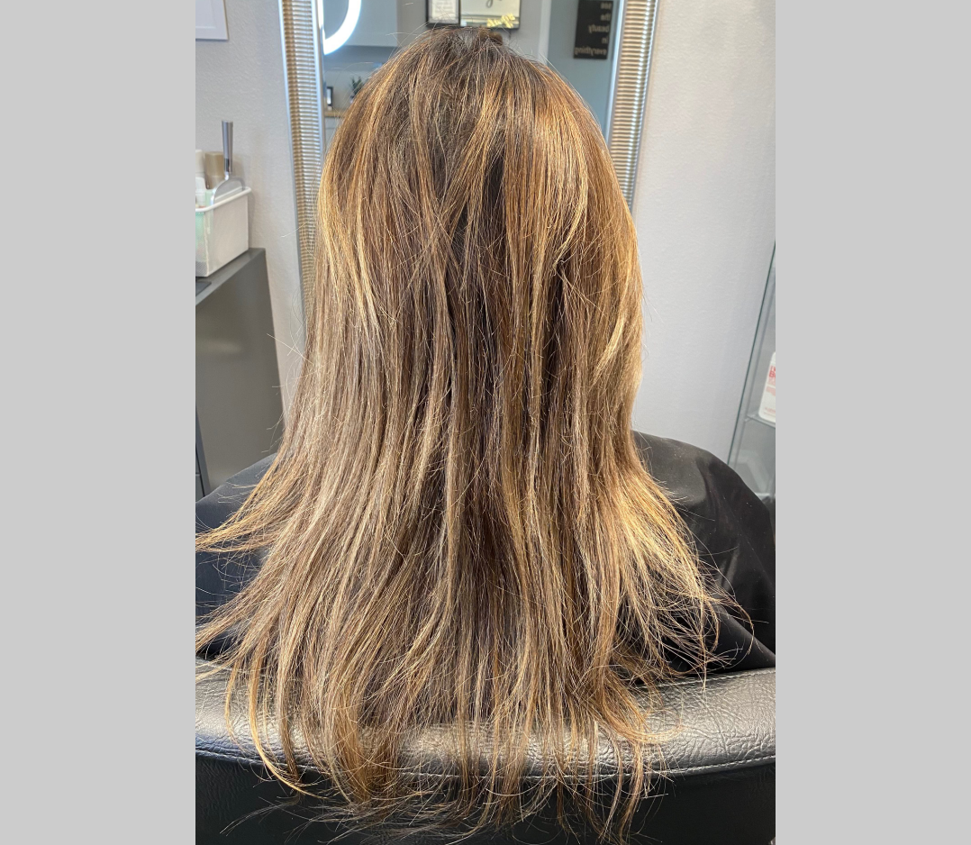 Picture of a woman's hair before she got hair extensions.