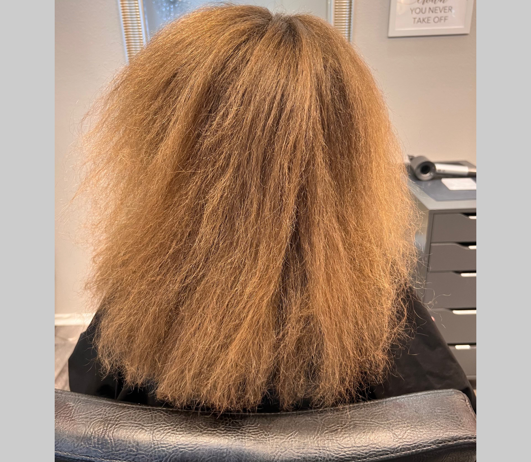 Before picture of a woman's hair that is very frizzy and kinky.