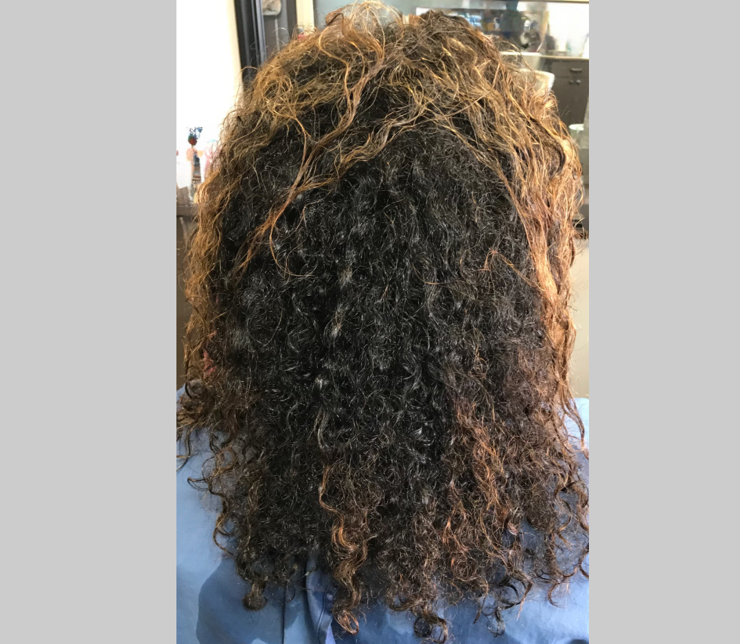 Before picture of a woman's hair that is very curly and kinky with red highlights.