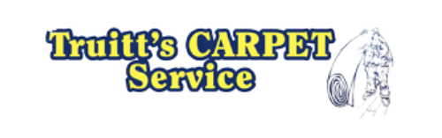 A logo for truitt 's carpet service with a drawing of a carpet roller
