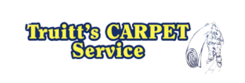 A logo for truitt 's carpet service with a drawing of a person holding a ball of yarn.