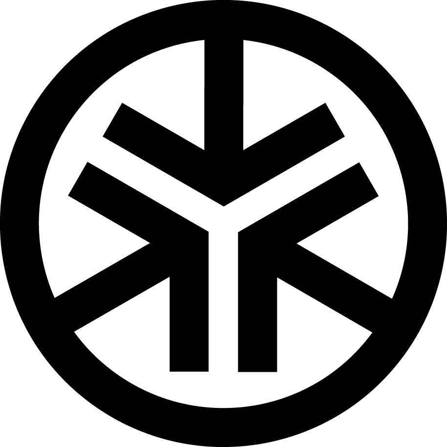 Zwart rond logo met een gestileerd wit geometrisch symbool in het midden.