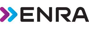 Logo voor ENRA verzekeringen , met een paarse en blauwe pijl voor het zwarte woordmerk.