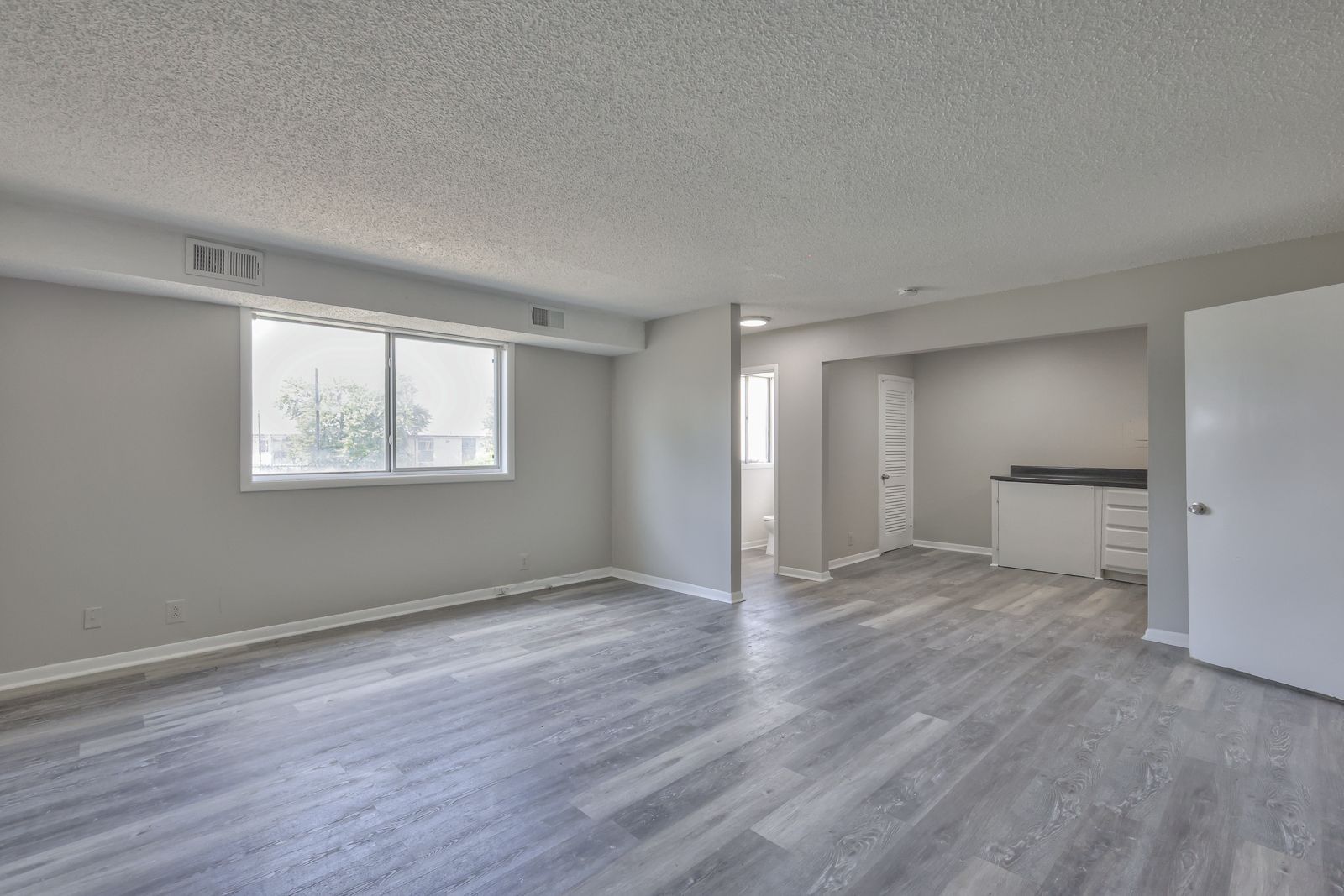 Photo of a large living room with an open floor plan and a kitchen in the background