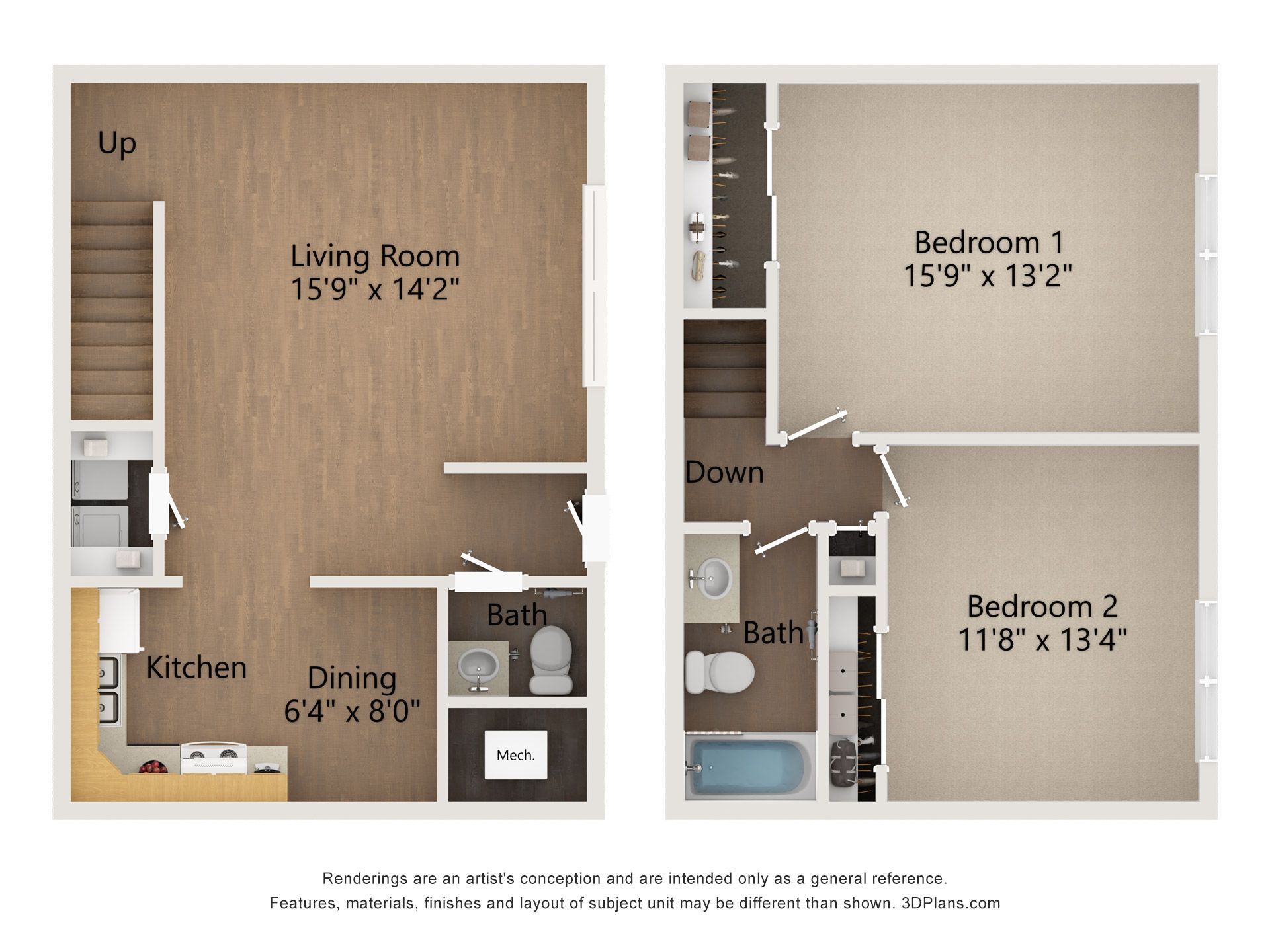 2 bedroom, 2 story floor plan