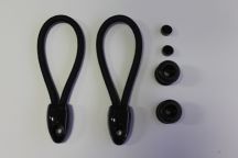 Two black loop handles with four black fasteners on a light background