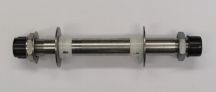 Small silver metal axle or shaft with black end caps on a white background