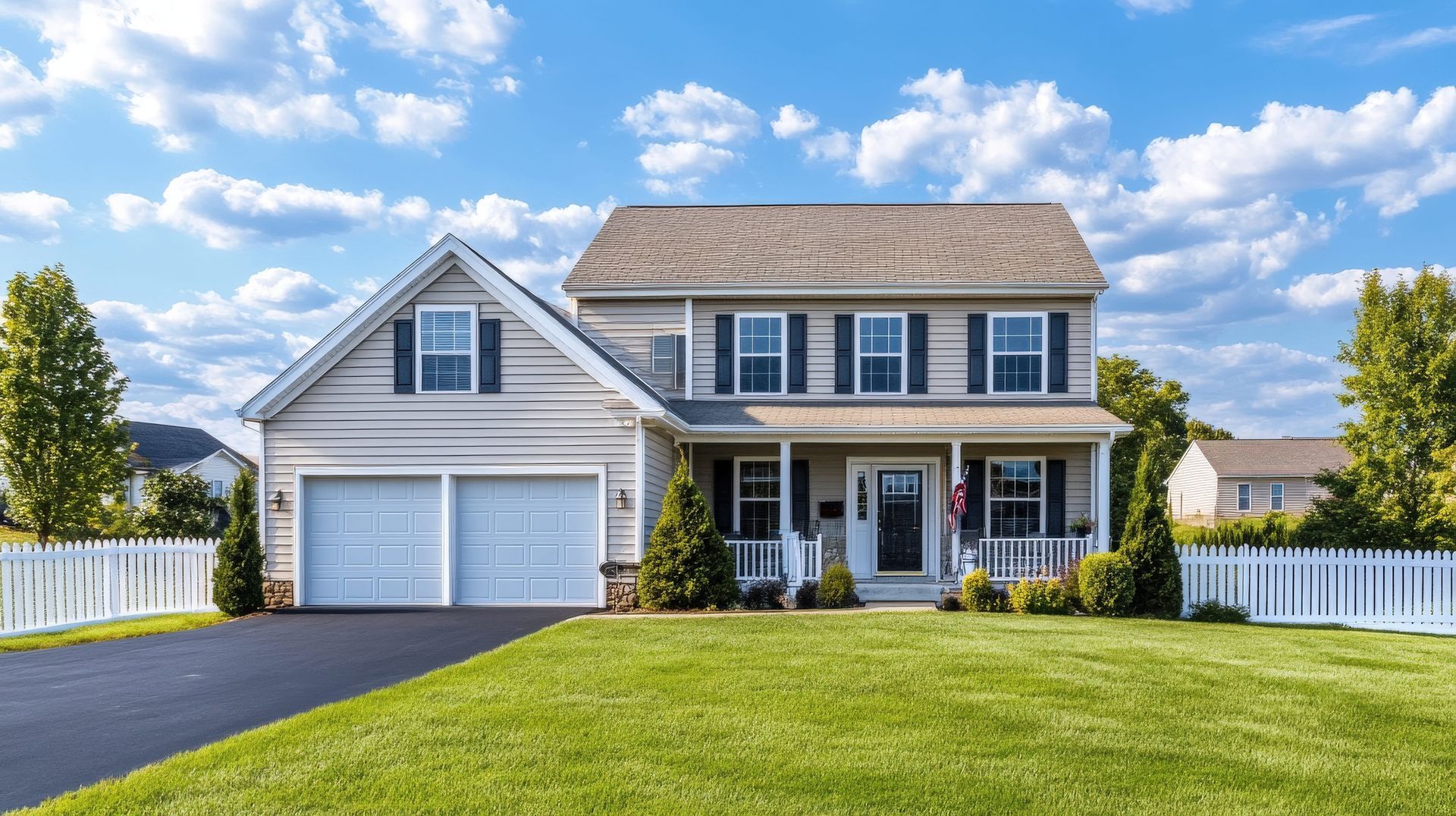 A two-story light beige house with a two-car garage, white trim, and a white picket fence on a bright, sunny day.