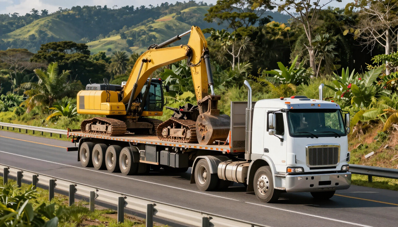 Camión articulado blanco que transporta una excavadora amarilla por una autopista, con colinas verdes al fondo