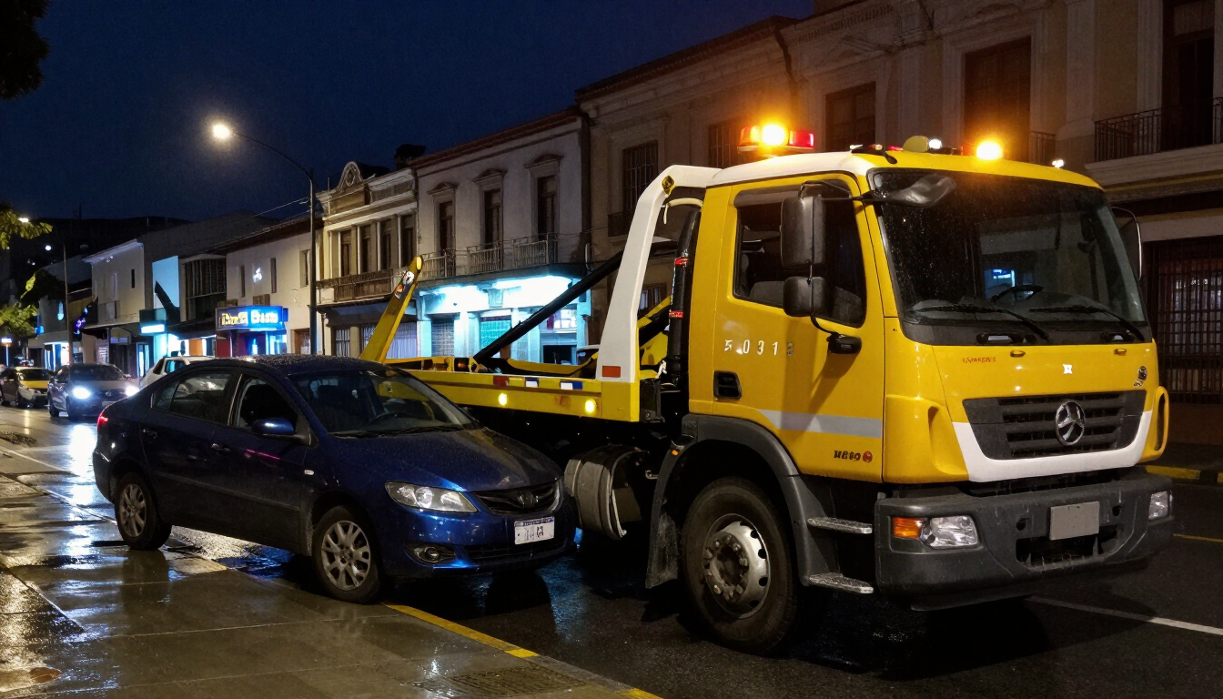 Una grúa cargando un sedán oscuro en una calle mojada de la ciudad por la noche, bajo las luces de los escaparates