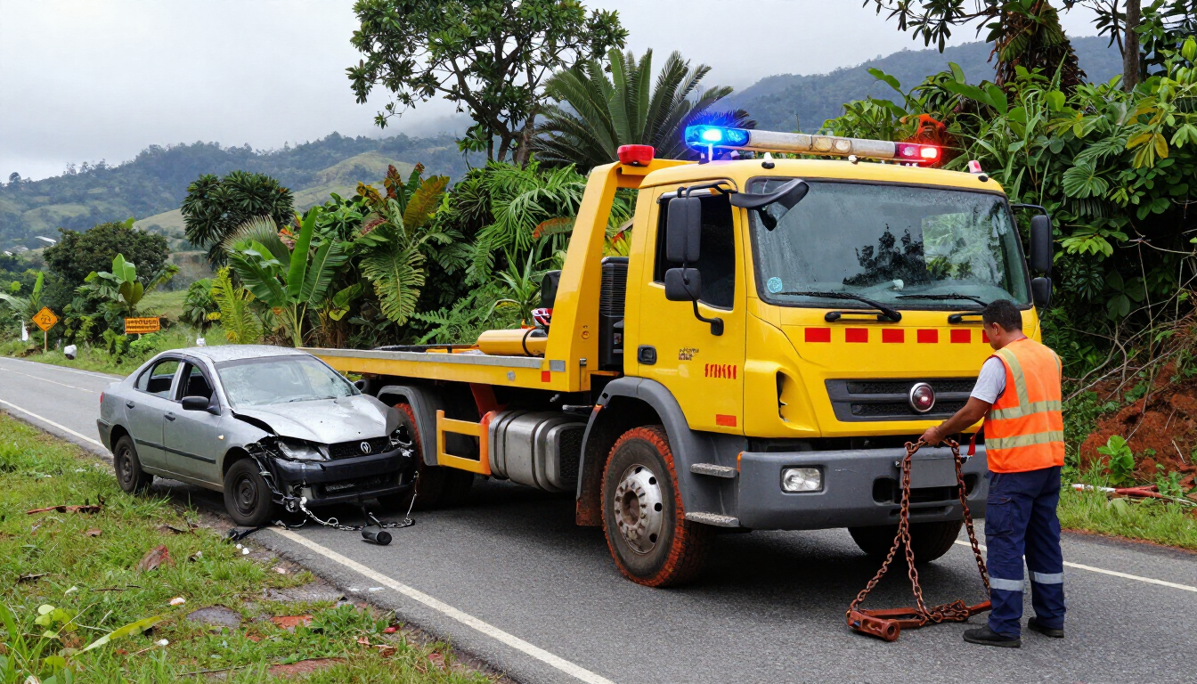 Una grúa remolcando un coche plateado dañado al borde de la carretera, con un trabajador con chaleco naranja y luces intermitentes