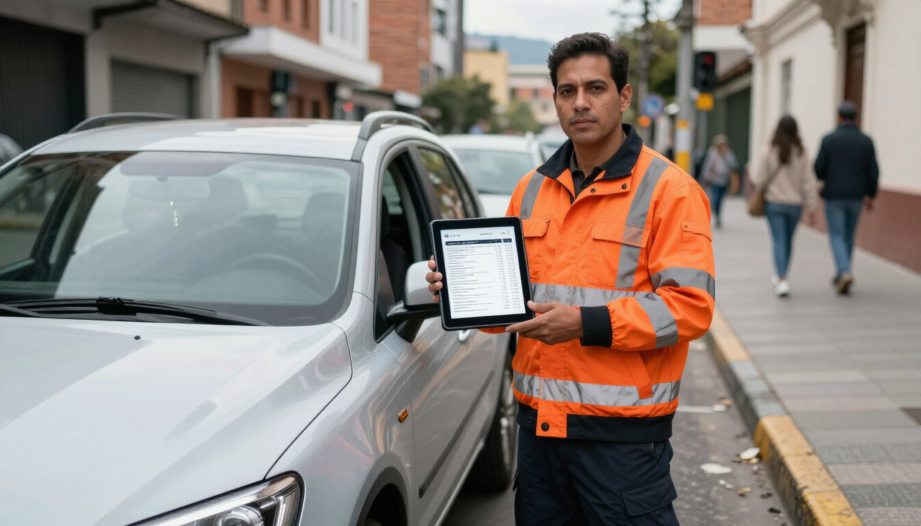 Un trabajador con chaqueta naranja sostiene una carpeta con pinza junto a un coche blanco en una calle de la ciudad.