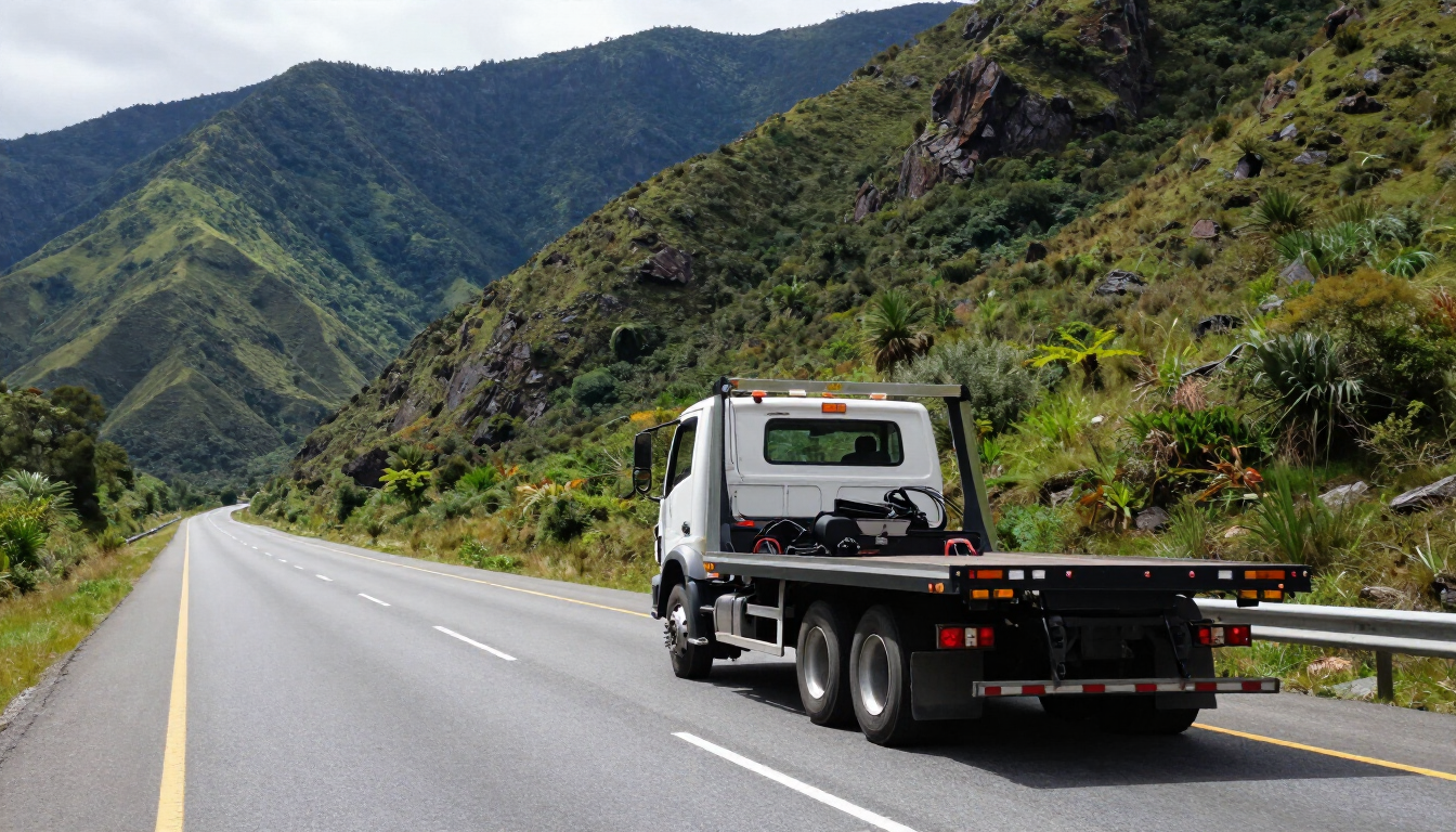 Grúa aparcada en una carretera de montaña, junto a verdes colinas frondosas y un cielo nublado