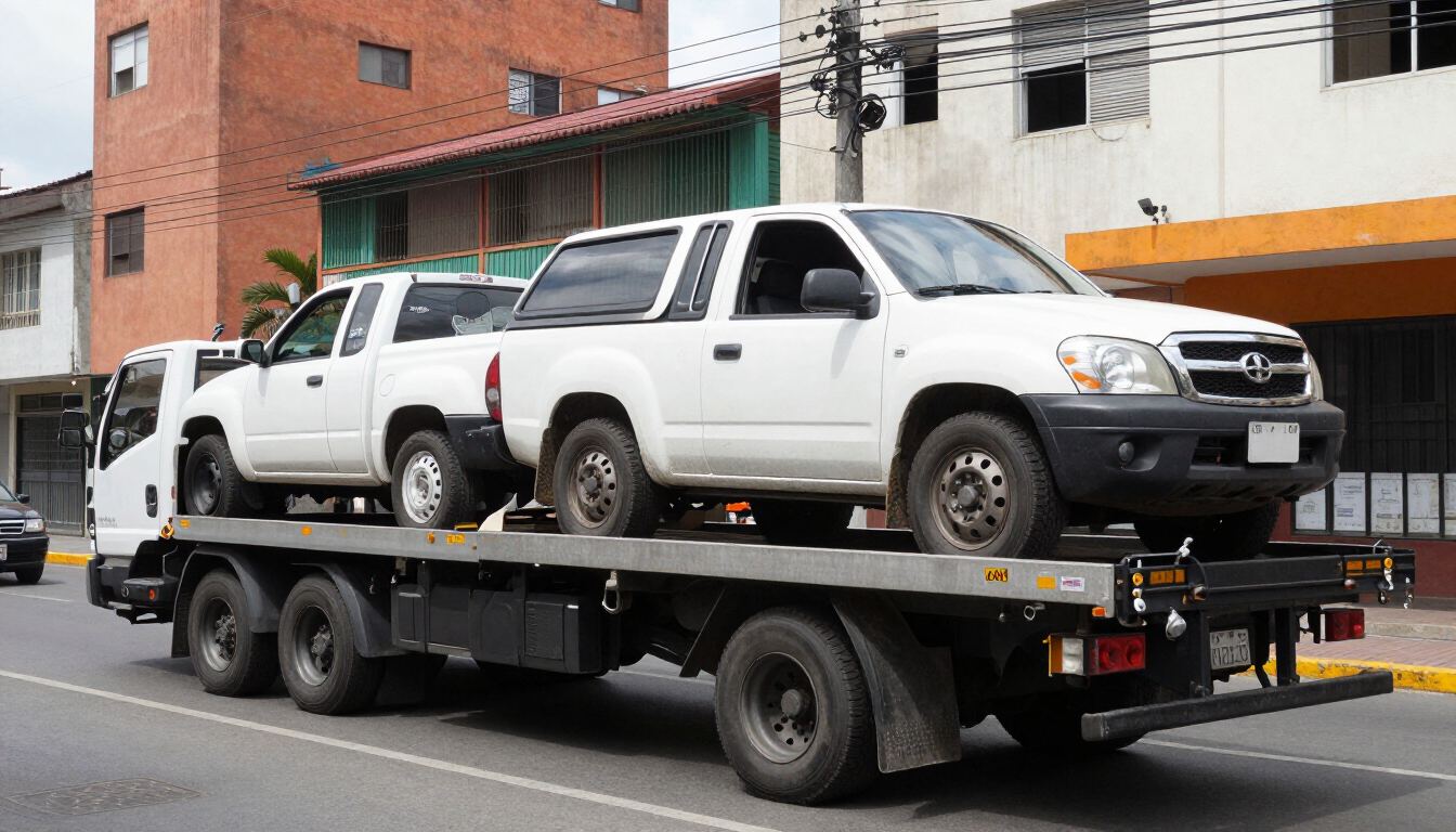 Grúa que transporta dos camionetas blancas por una calle de la ciudad
