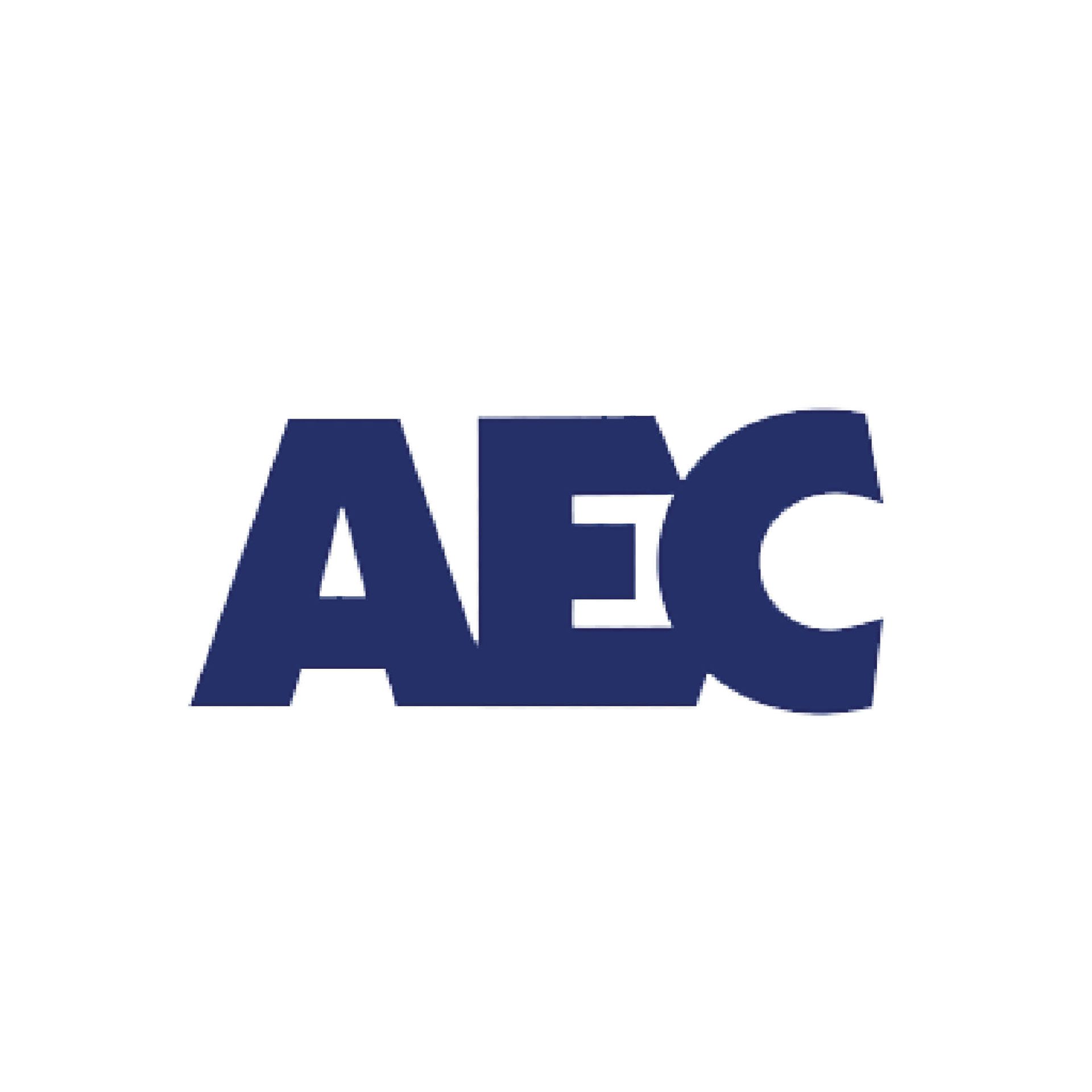 The aec logo is blue and white on a white background.