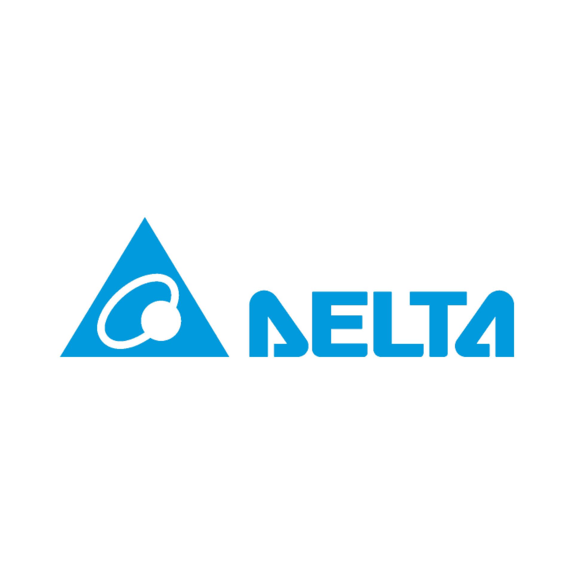 A blue delta logo on a white background